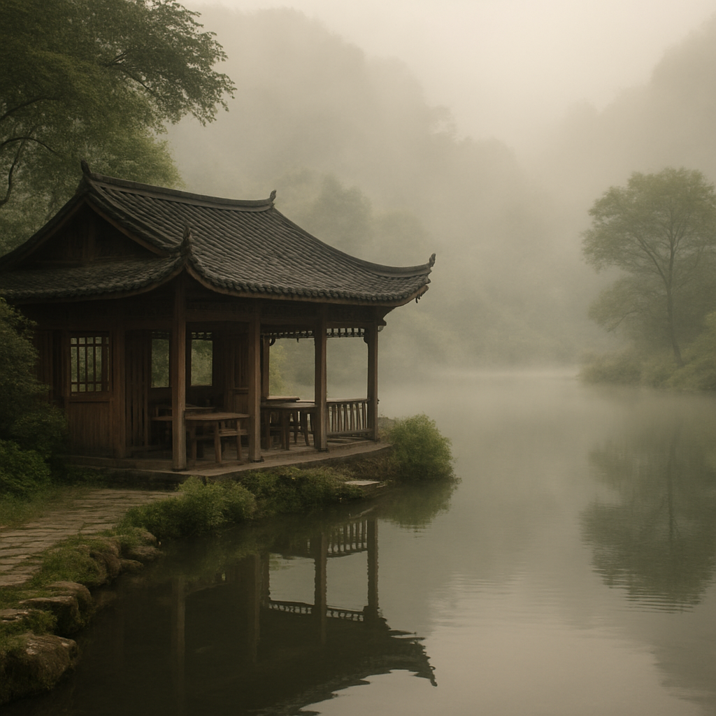 湖边静谧的茶舍